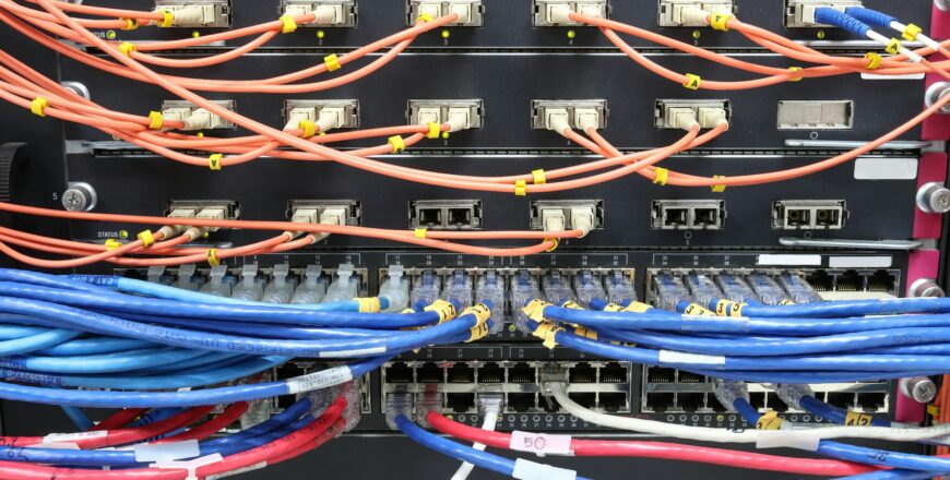 cable network, fiber optic cable connect to switch port in server room