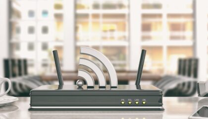 Wifi router in an office background. 3d illustration