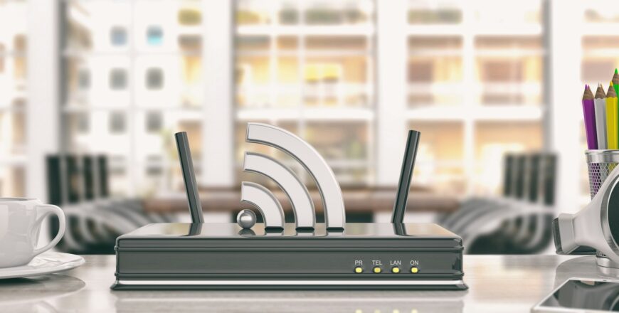 Wifi router in an office background. 3d illustration